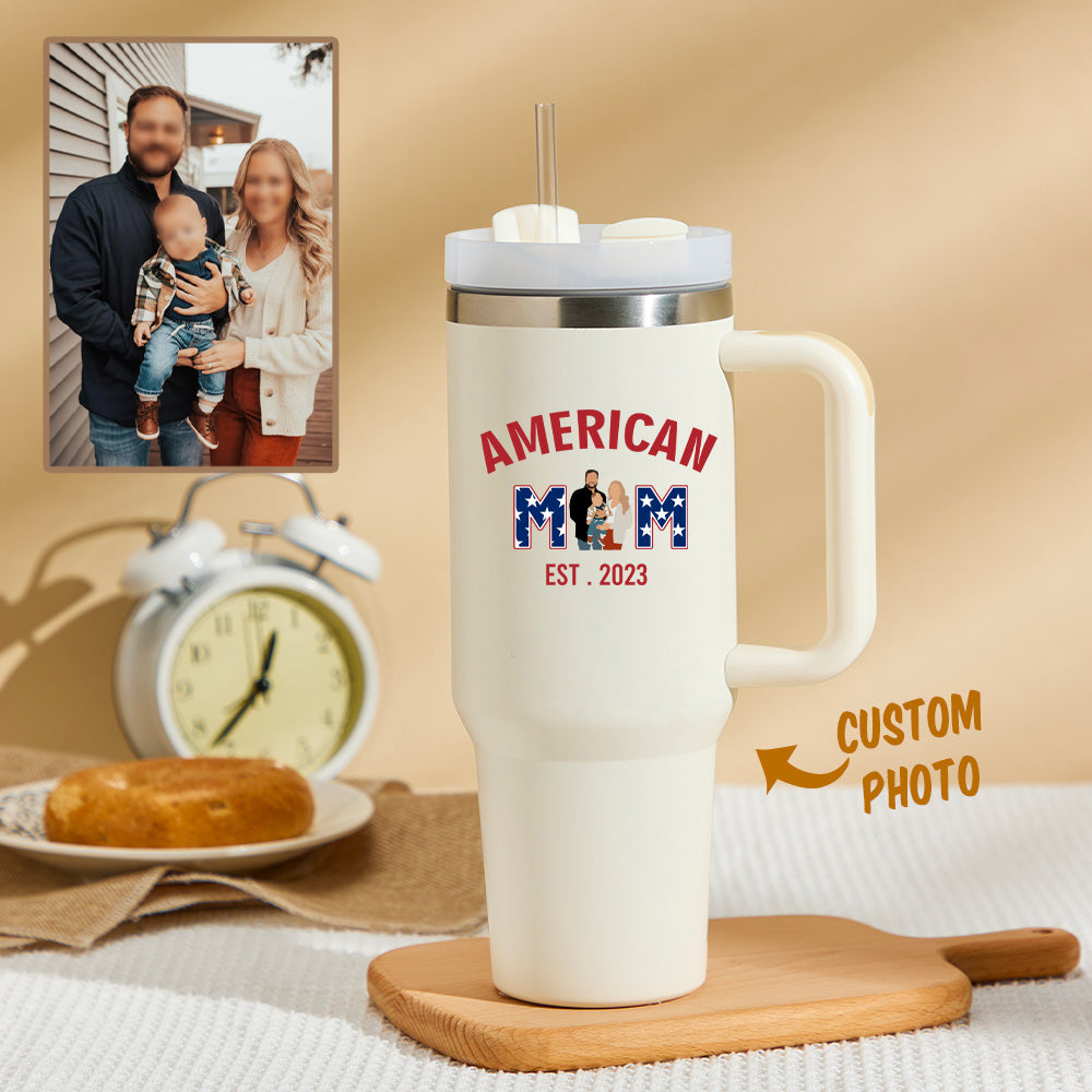 American Mom Personalized Text 40oz Insulated Mug with Handle and Straw Stainless Steel Custom Travel Cup Gift for Family Friends Couples