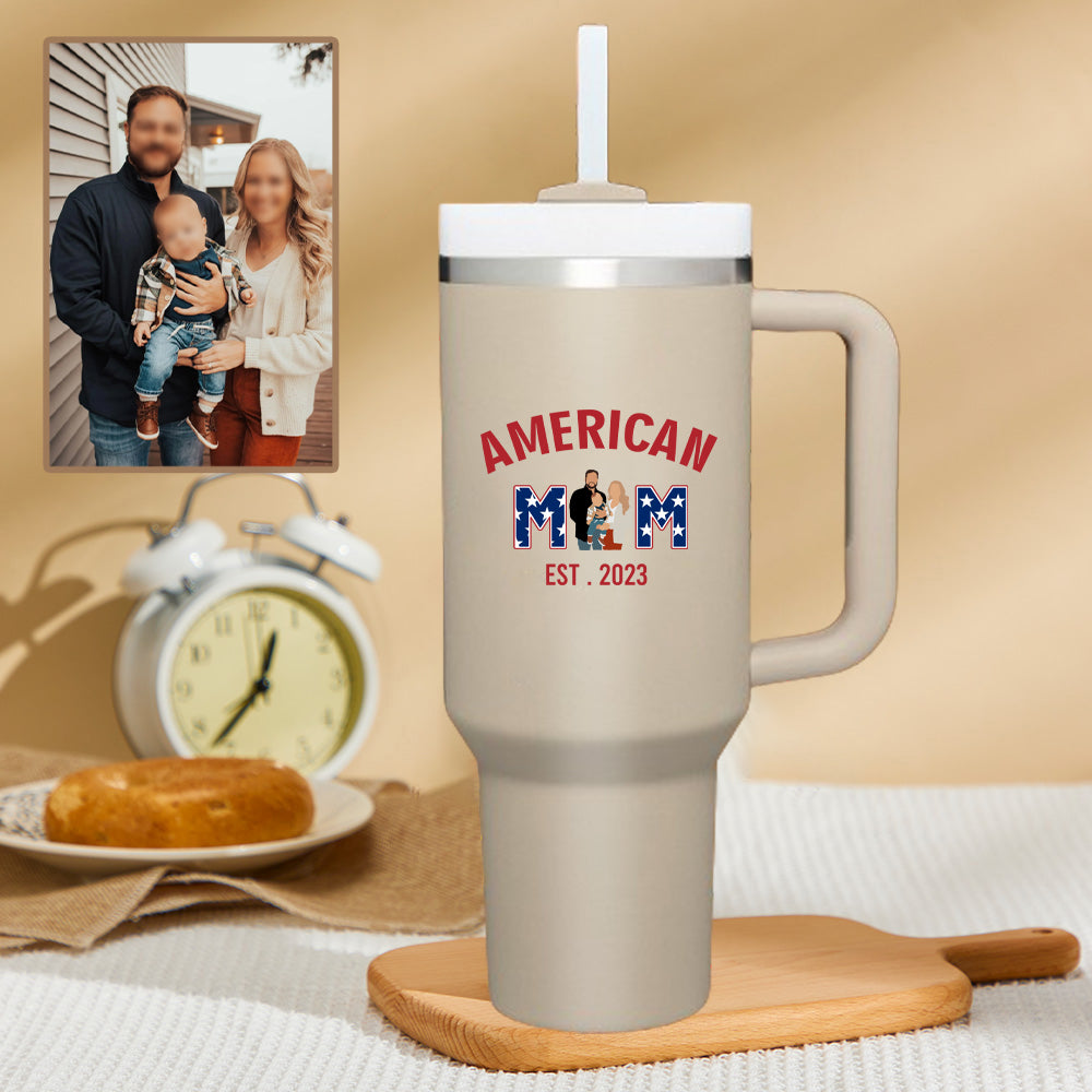 American Mom Personalized Text 40oz Insulated Mug with Handle and Straw Stainless Steel Custom Travel Cup Gift for Family Friends Couples