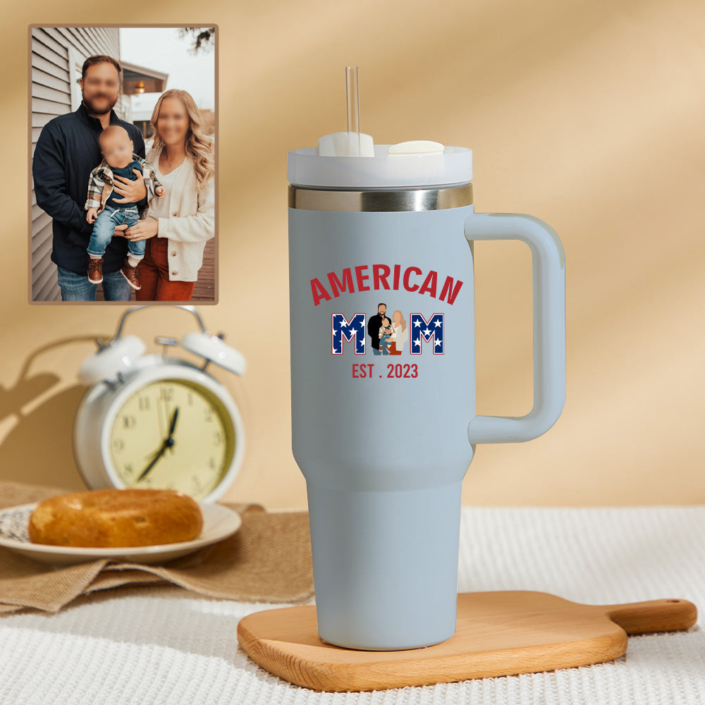 American Mom Personalized Text 40oz Insulated Mug with Handle and Straw Stainless Steel Custom Travel Cup Gift for Family Friends Couples