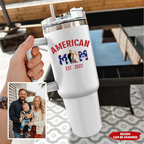 American Mom Personalized Text 40oz Insulated Mug with Handle and Straw Stainless Steel Custom Travel Cup Gift for Family Friends Couples