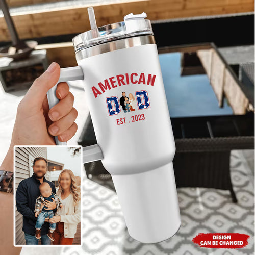 American Dad Personalized Text 40oz Insulated Mug with Handle and Straw Stainless Steel Custom Travel Cup Gift for Family Friends Couples