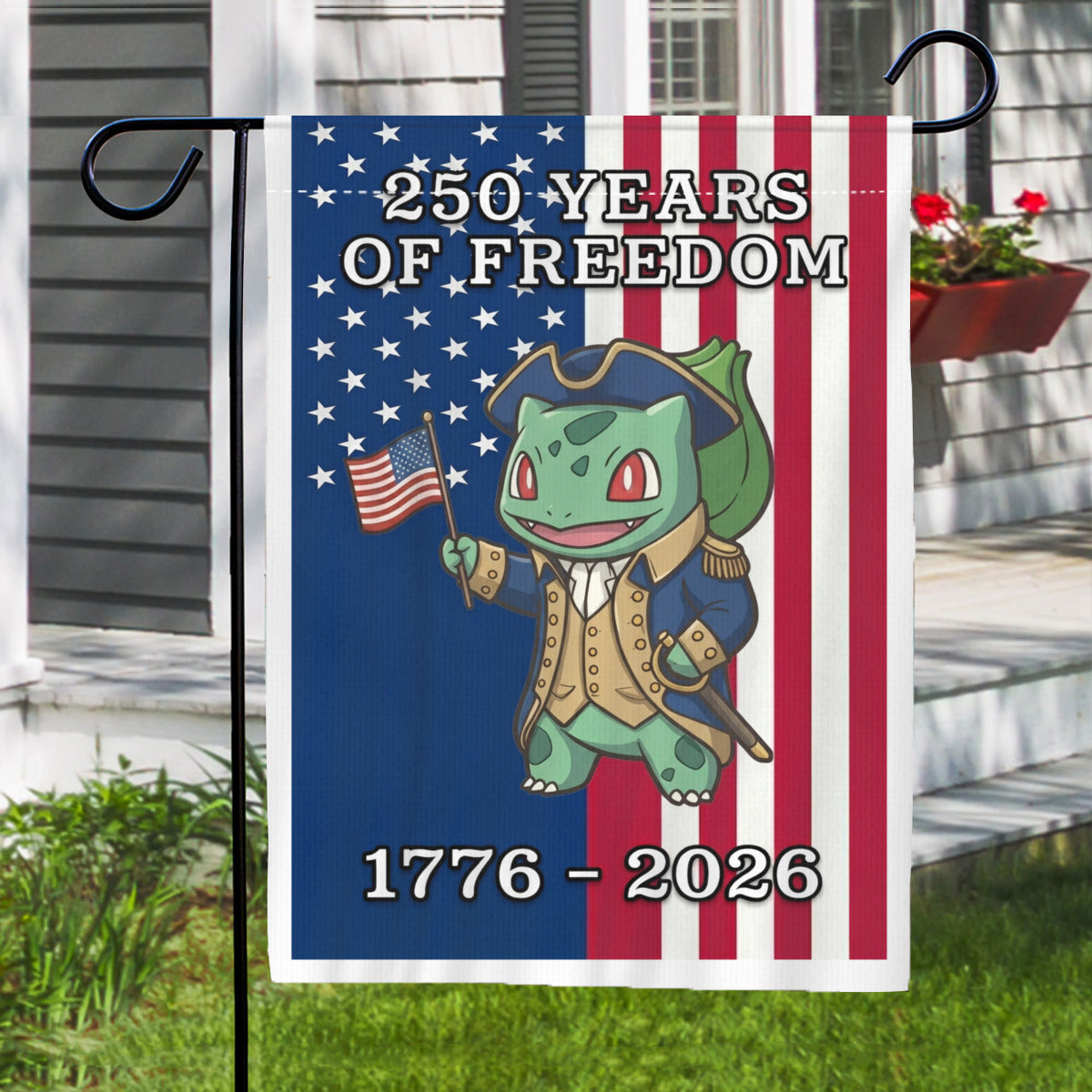 Bulbasaur 250 Years of Freedom 1776–2026 Patriotic Printed Garden Flag