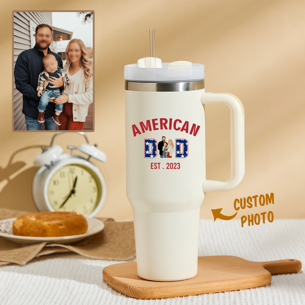 American Dad Personalized Text 40oz Insulated Mug with Handle and Straw Stainless Steel Custom Travel Cup Gift for Family Friends Couples