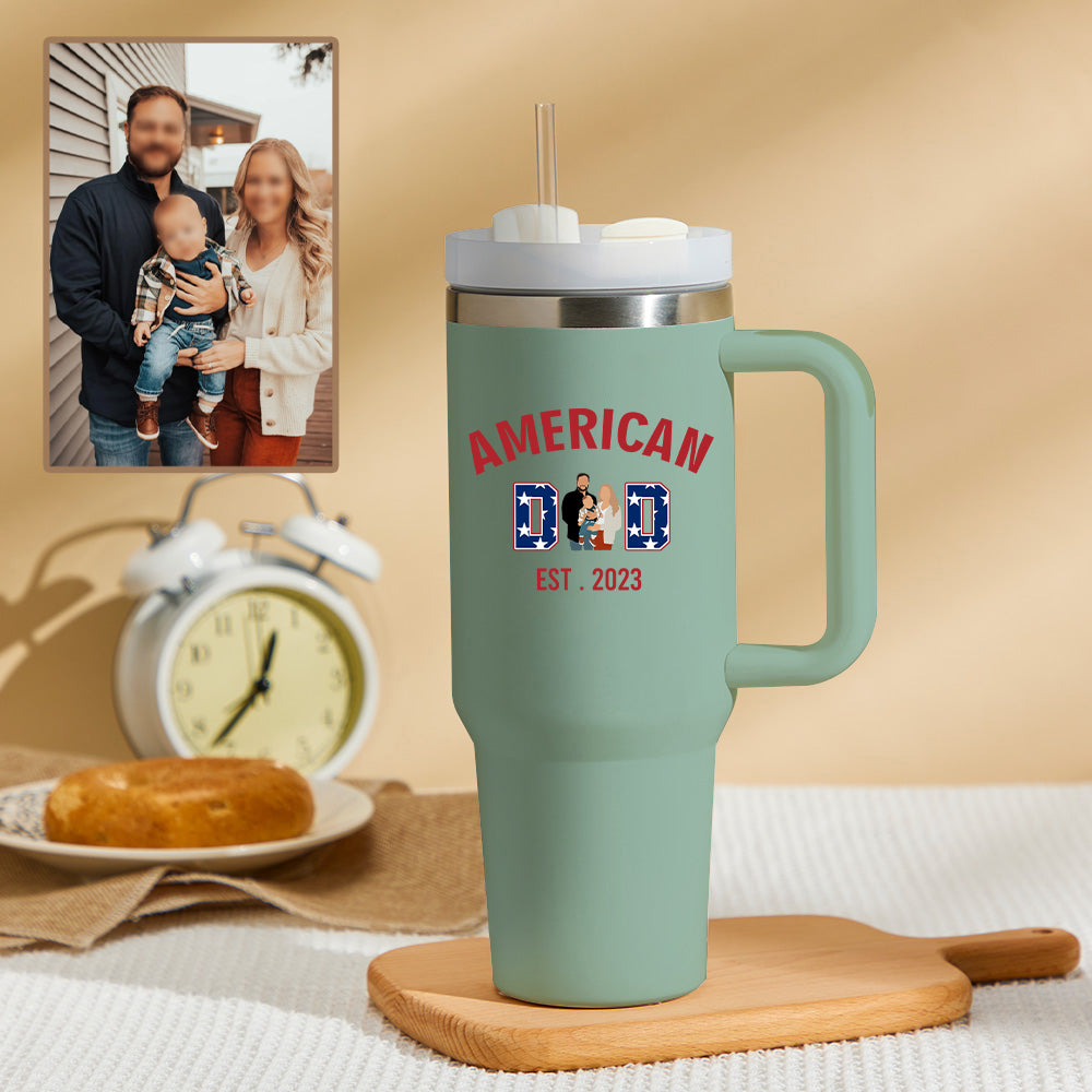 American Dad Personalized Text 40oz Insulated Mug with Handle and Straw Stainless Steel Custom Travel Cup Gift for Family Friends Couples
