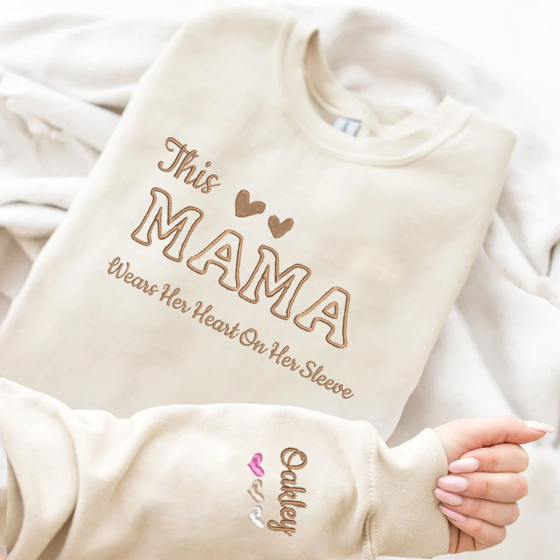 Personalized Embroidered This Mama Wears Her Hearts On The Sleeve Hoodie Sweatshirt T-Shirt