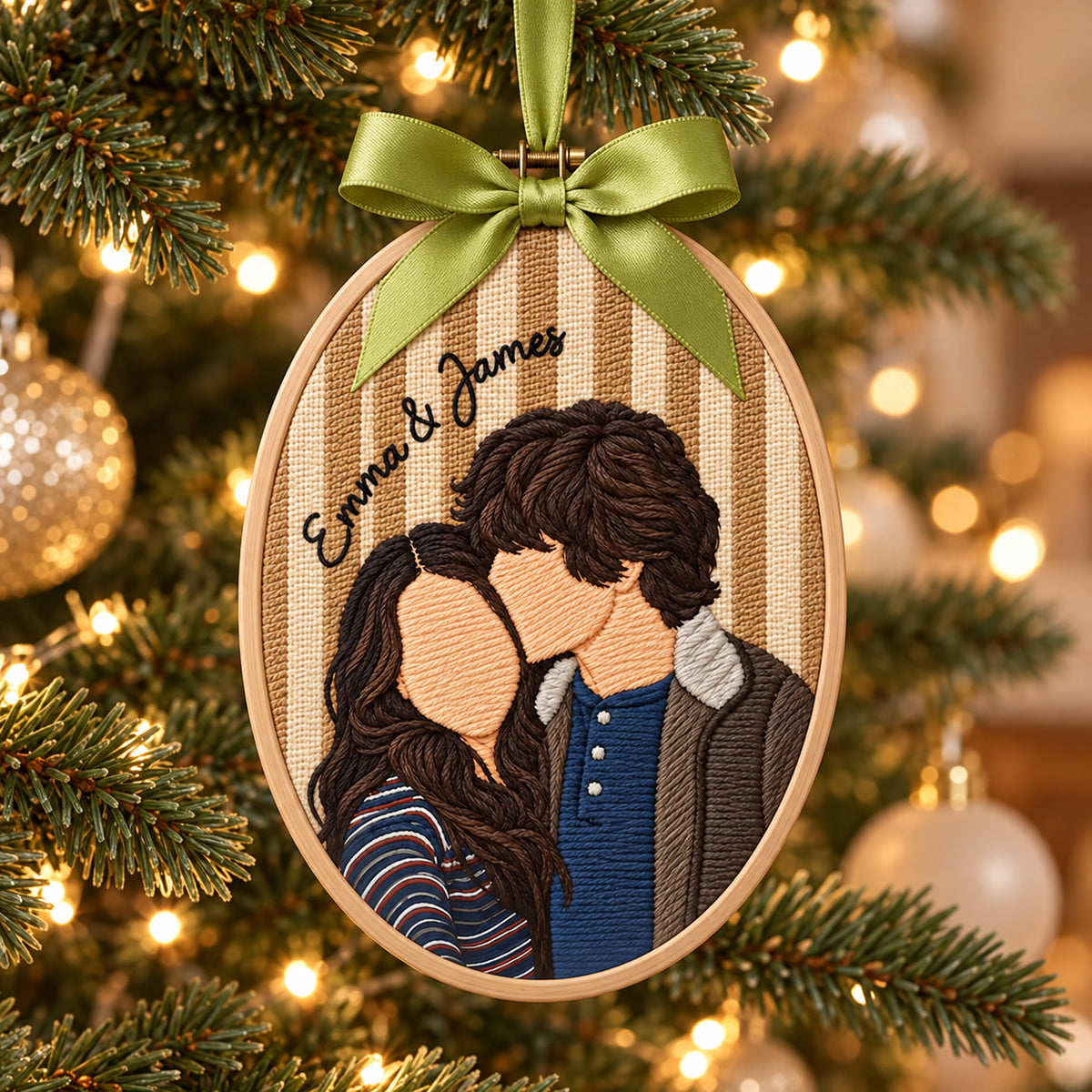 Personalized Photo Ornament, Embroidery Style Portrait with Custom Names, Oval Family Keepsake, Couple or Best Friend Gift - DL01211026
