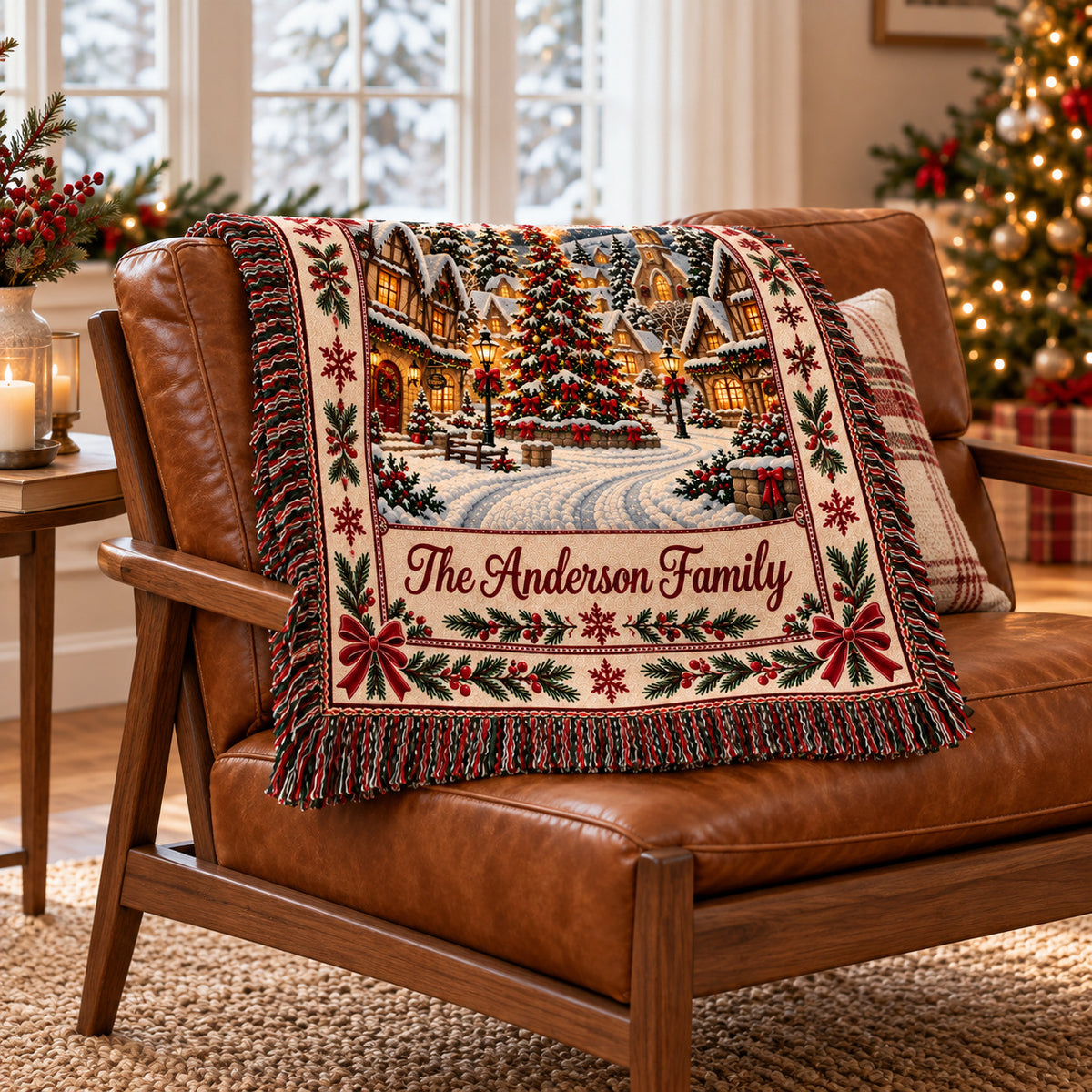 Personalized Christmas Village Woven Blanket, Custom Family Name Throw, Vintage Winter Scene Holiday Decor
