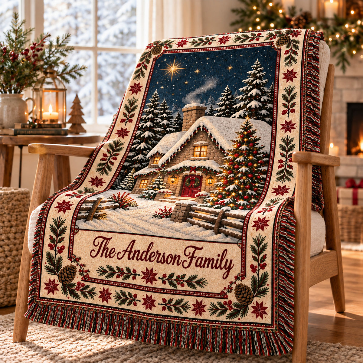 Personalized Christmas Cottage Woven Blanket, Custom Family Name Throw, Snowy Winter Village Holiday Decor
