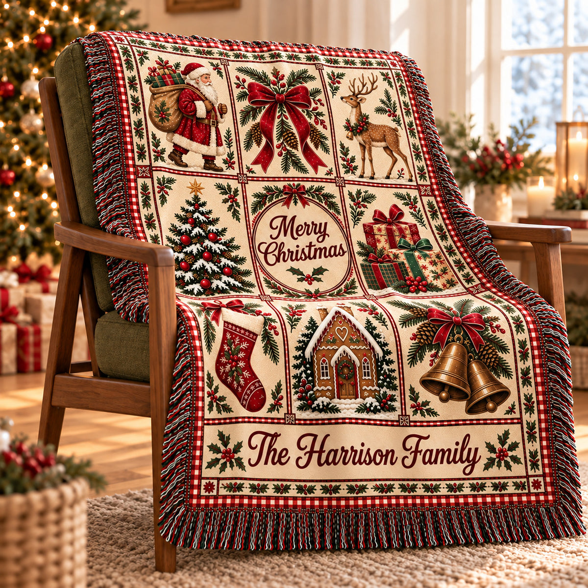 Personalized Christmas Woven Blanket, Custom Family Name Throw, Vintage Santa Patchwork Style Holiday Decor