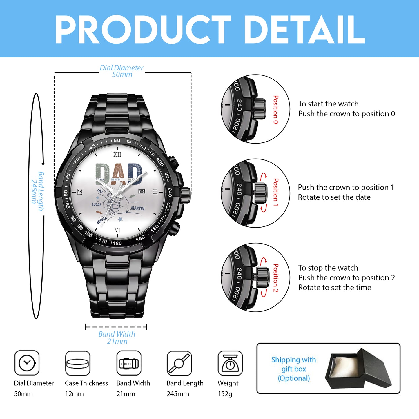 Personalized Dad & Kids Hands Quartz Watch Father's Day Gift For Him