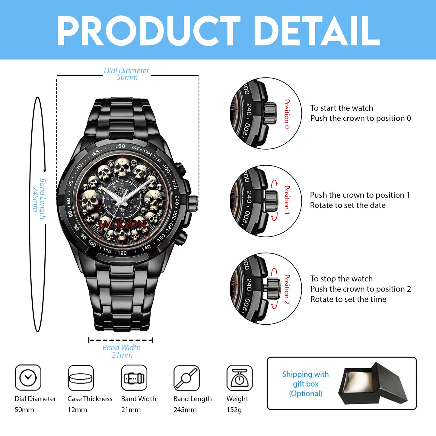 Personalized Halloween Skull Custom Name Quartz Watch