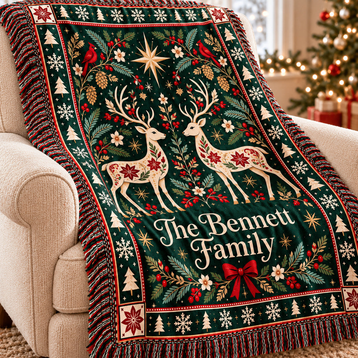 Personalized Christmas Deer Woven Blanket, Custom Family Name Throw, Nordic Folk Art Holiday Decor