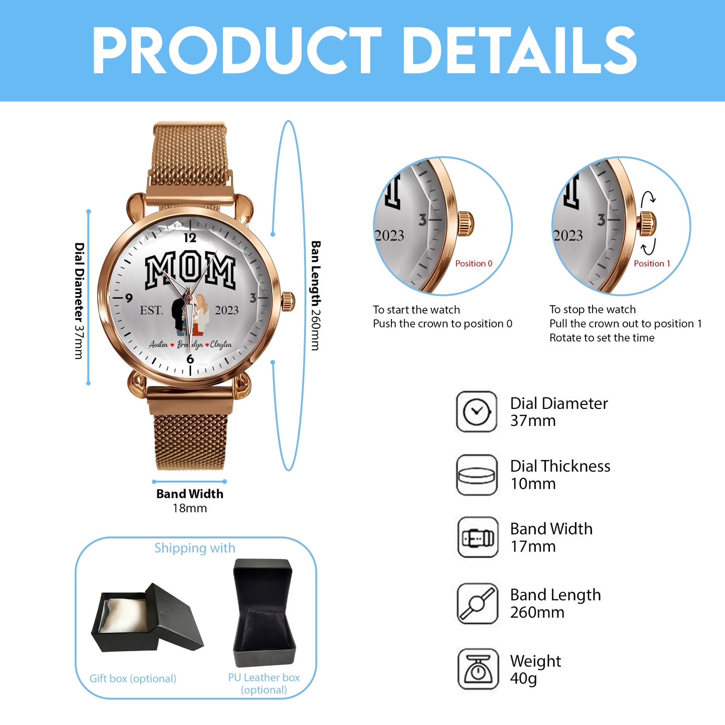 Mother's Day Personalized Family Photo & Kids’ Names Mesh Strap Quartz Watch