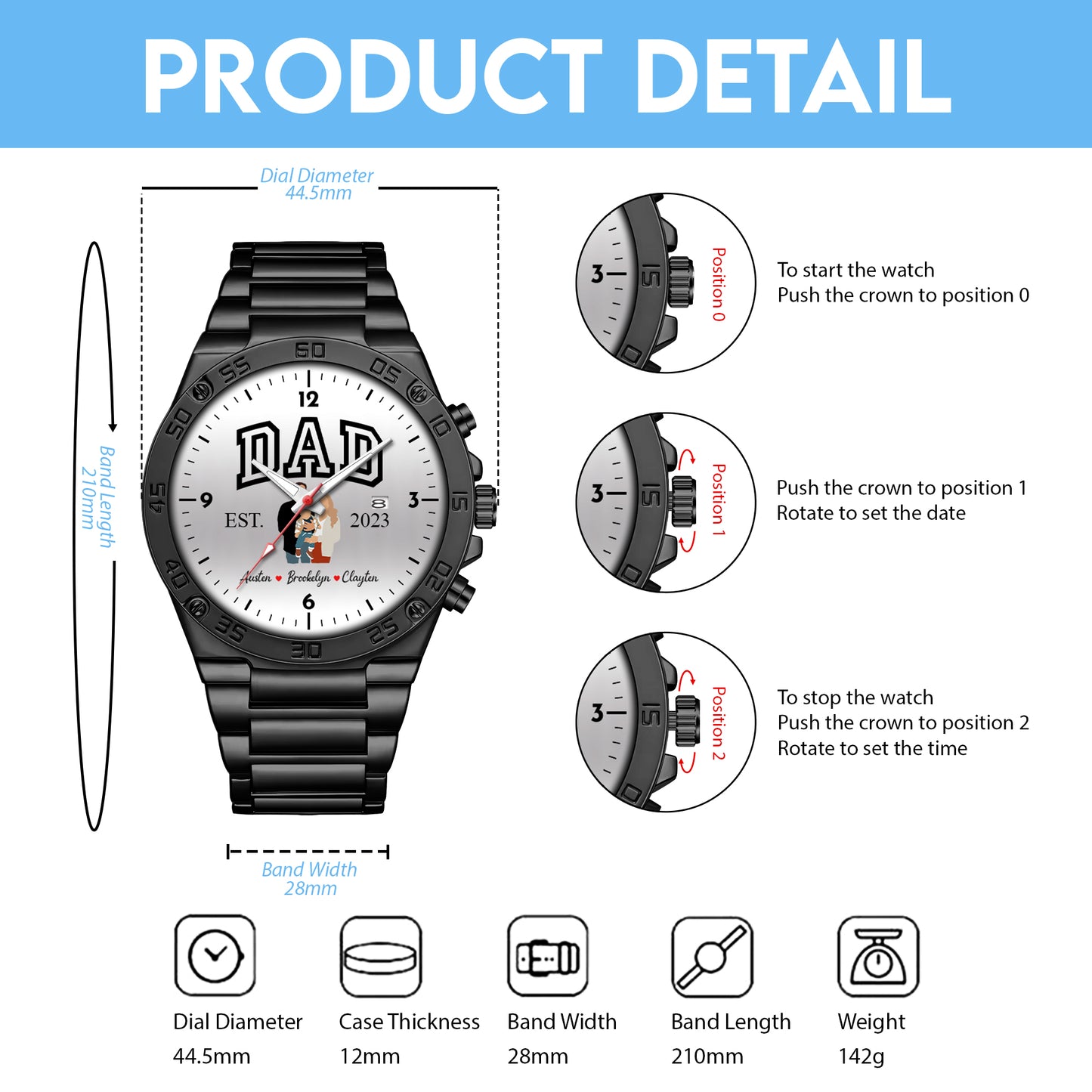 Father's Day Gift For Dad Personalized Alloy Dad Quartz Watch with Family Photos & Kids’ Names