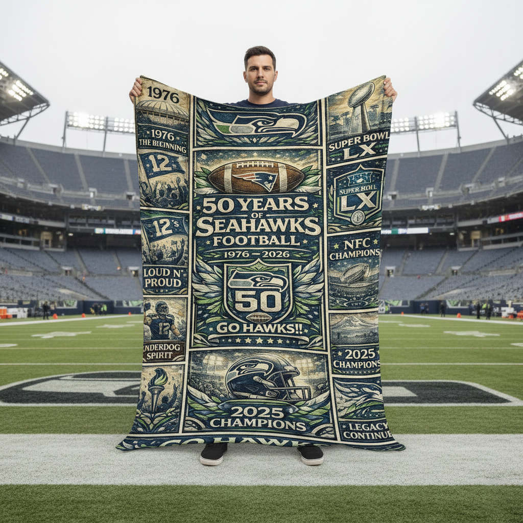 Seattle Seahawks 50 Years Anniversary Go Hawks Vintage Art Blanket