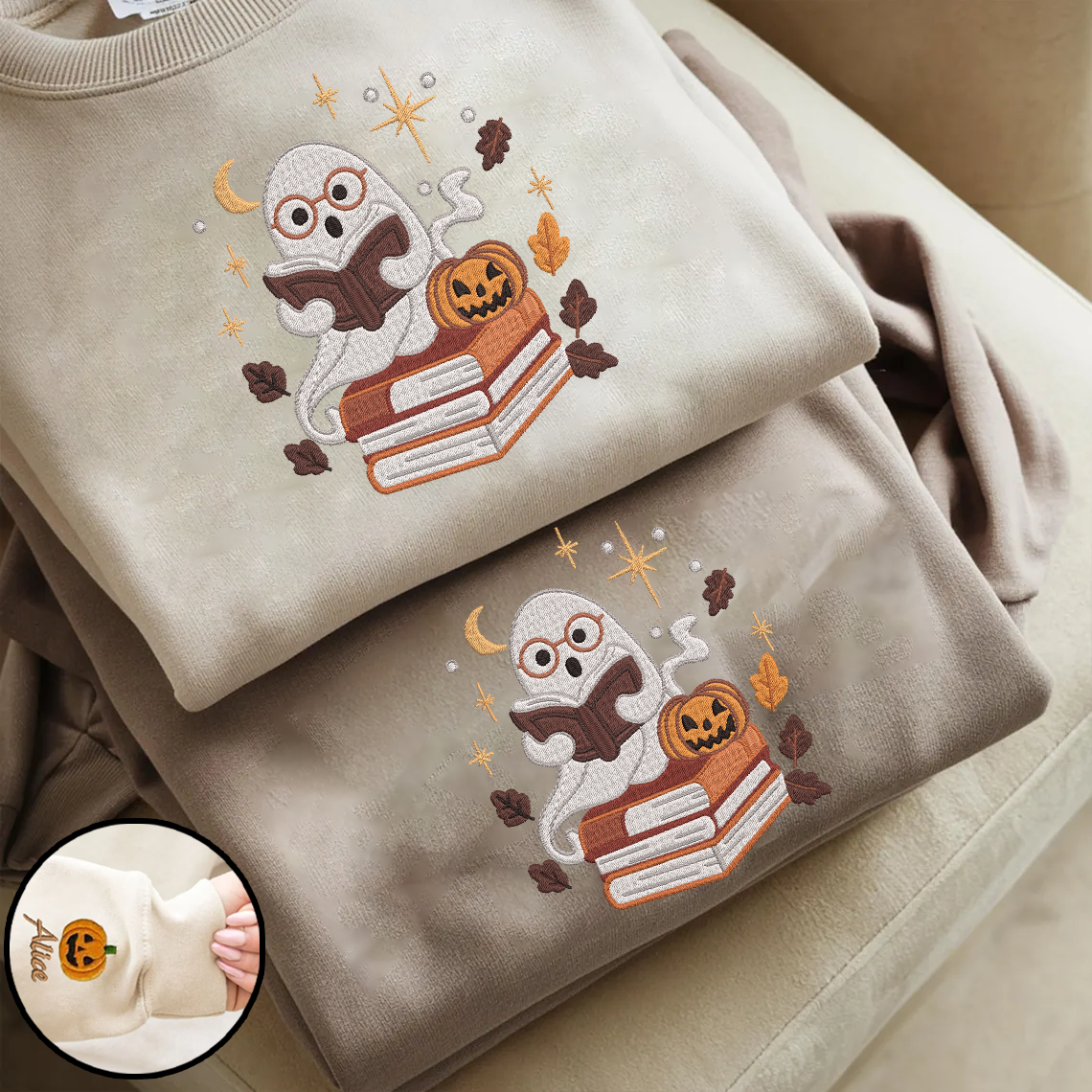 Halloween Personalized Embroidered Ghost Reading Books Hoodie Sweatshirt T-Shirt