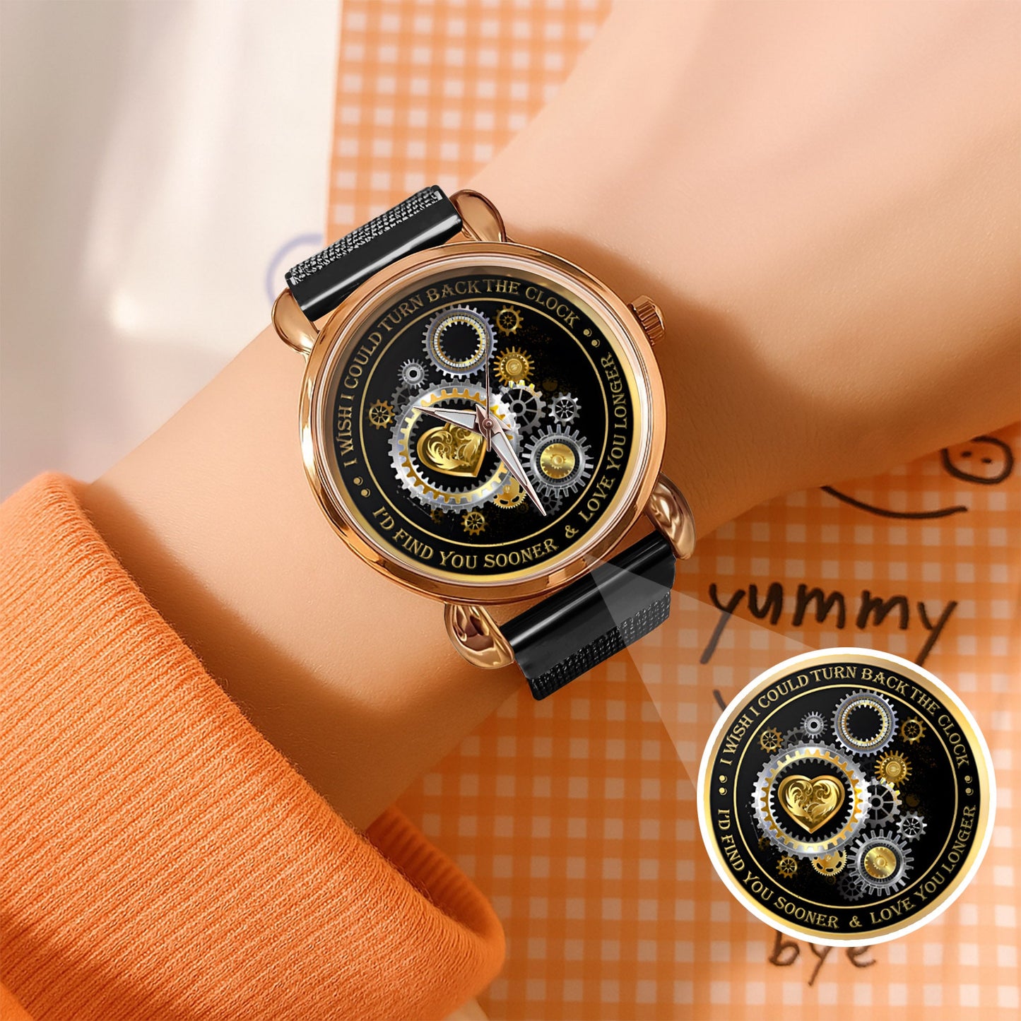 Personalized Gold Gear Heart Watch – Romantic Custom Quote Watch for Husband, Boyfriend, Anniversary & Valentine’s Day
