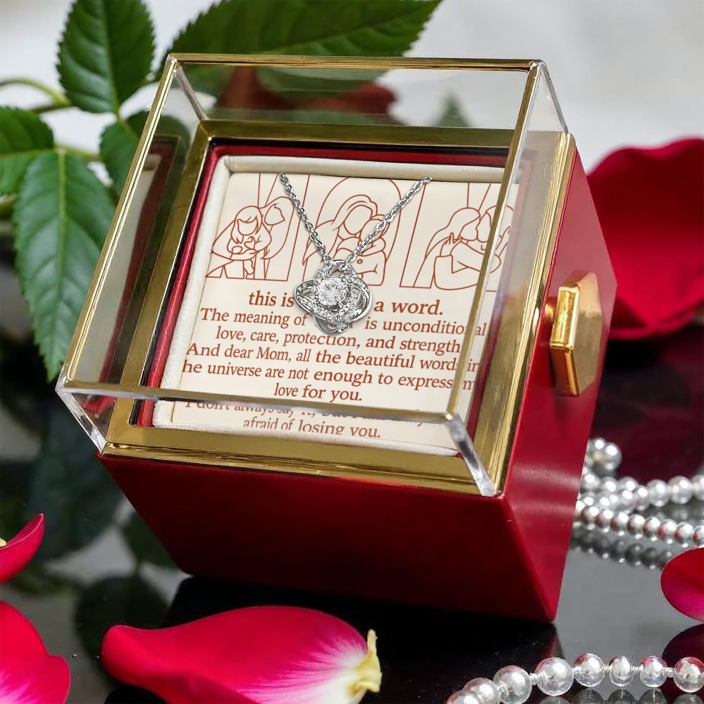Personalized Love Knot Necklace with 3 Family Photos in Rotating Rose Gift Box for Mom