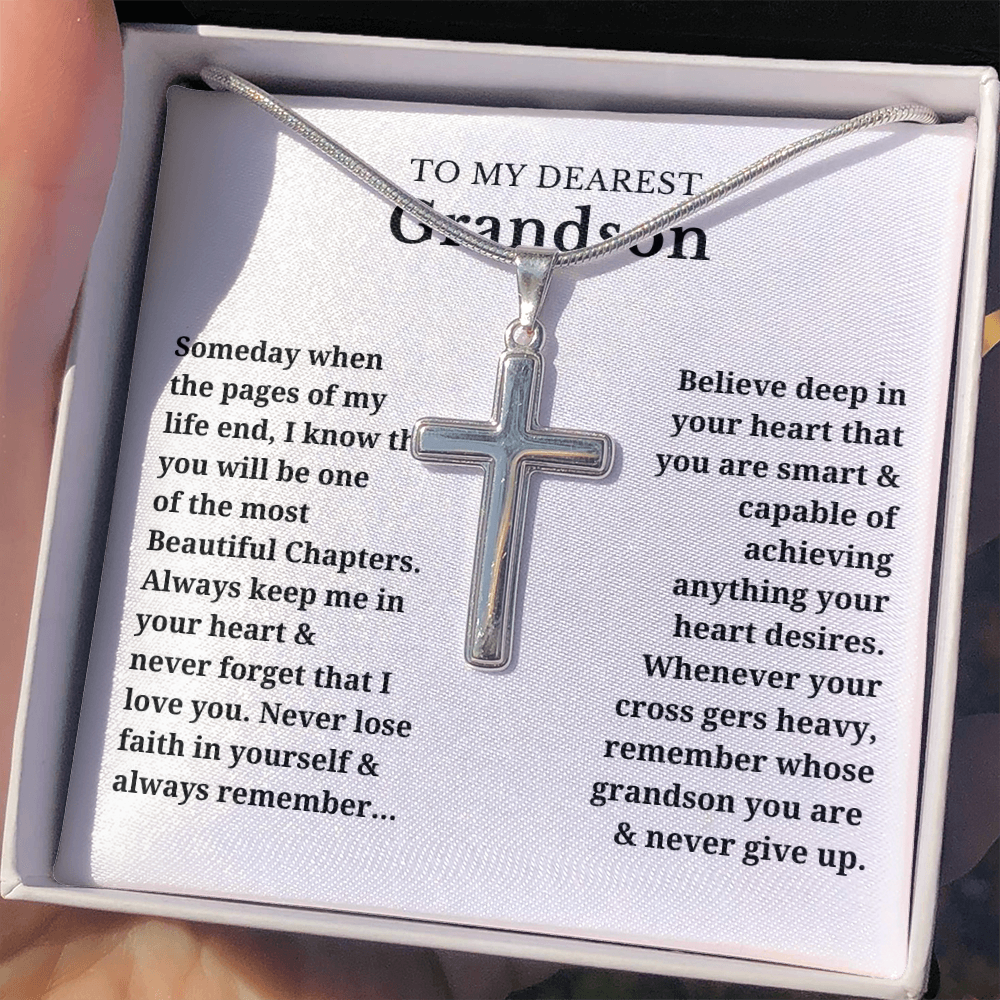 To My Dearest Grandson Artisan Cross Necklace with Snake Chain