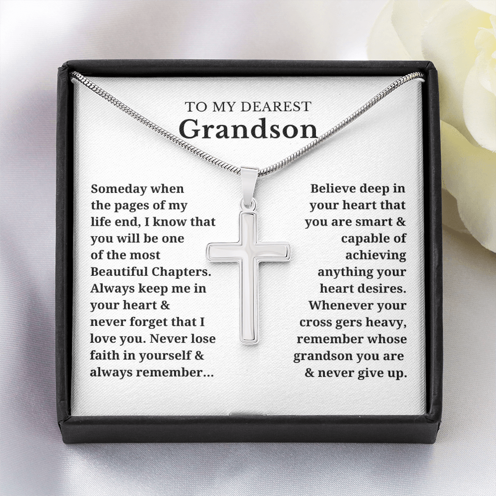 To My Dearest Grandson Artisan Cross Necklace with Snake Chain