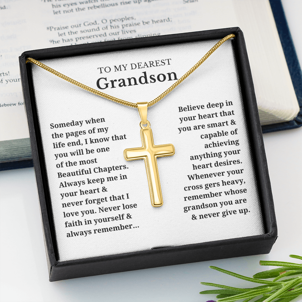 To My Dearest Grandson Artisan Cross Necklace with Snake Chain