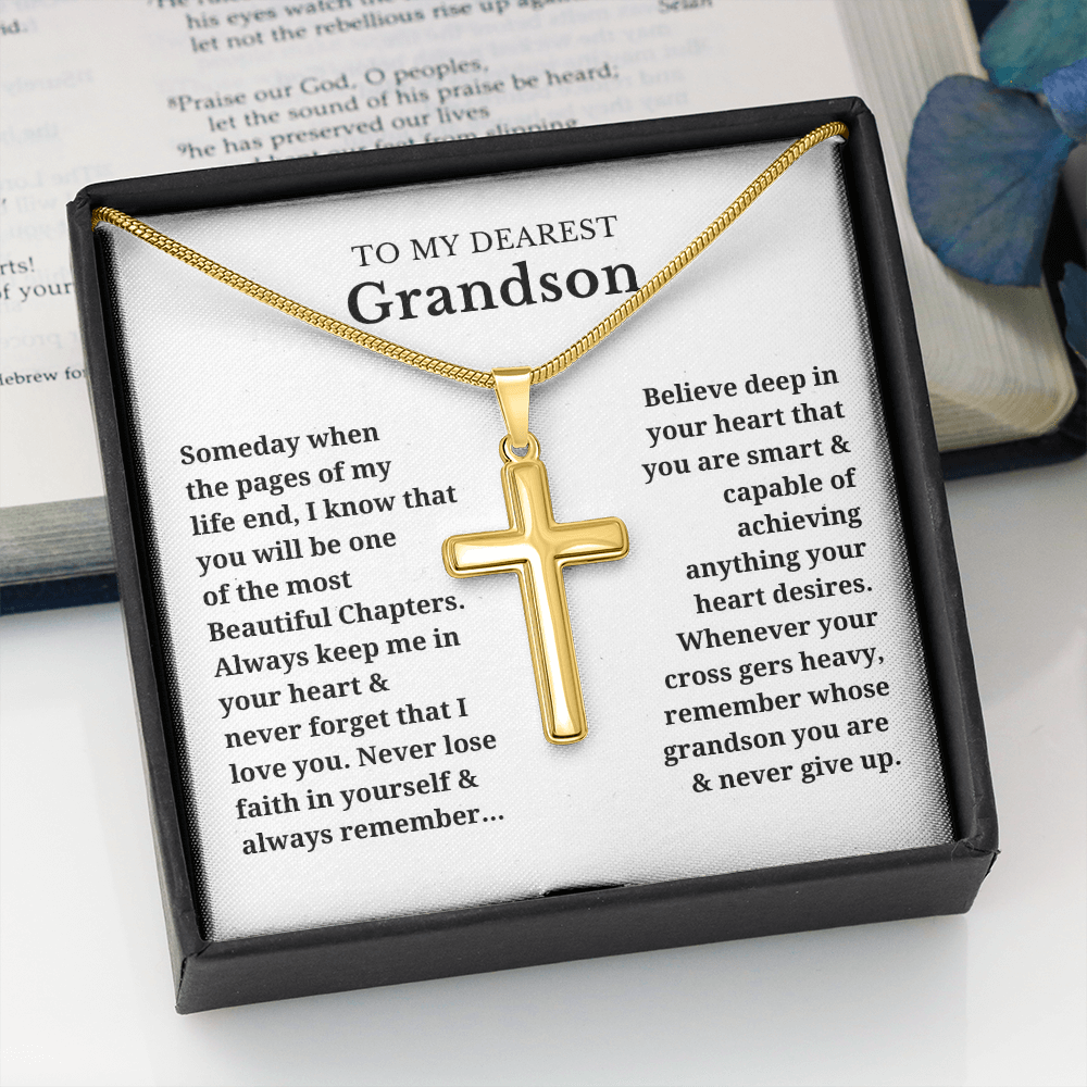 To My Dearest Grandson Artisan Cross Necklace with Snake Chain