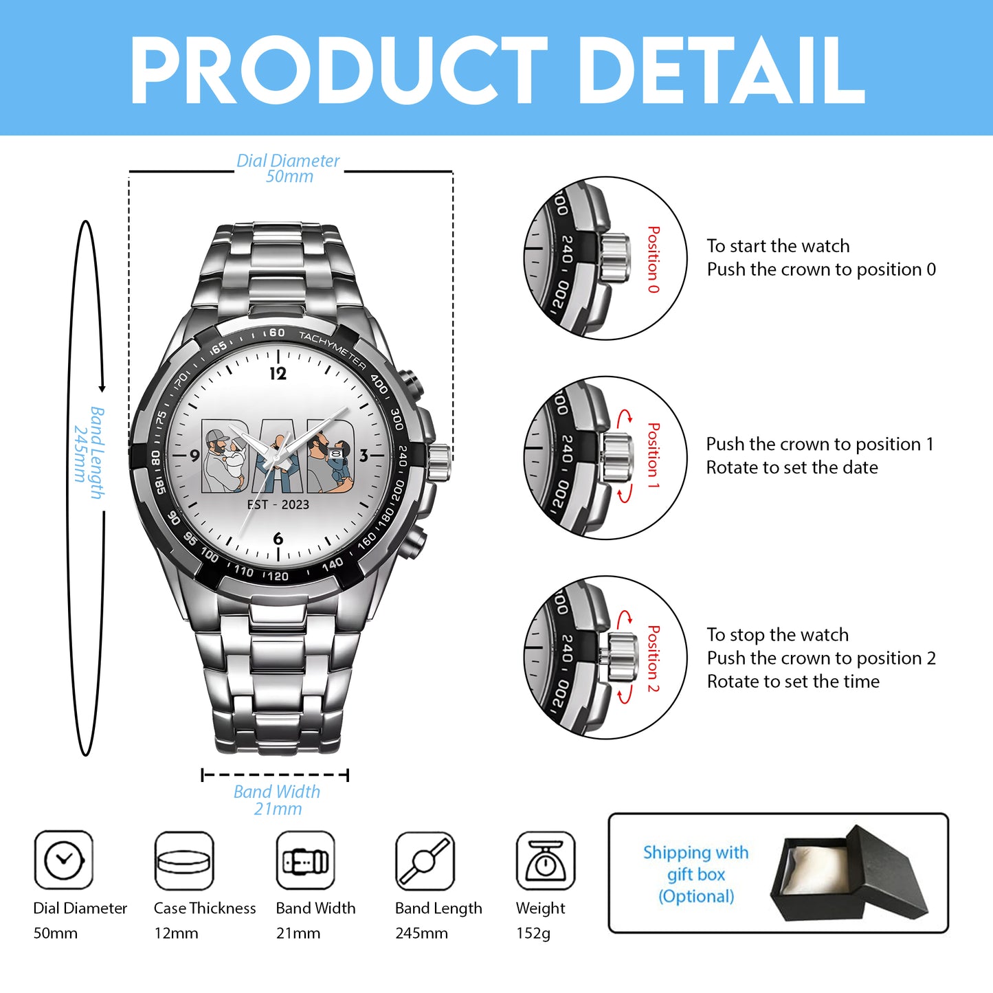 Personalized Alloy Quartz Watch with 3 Family Photos for Dad