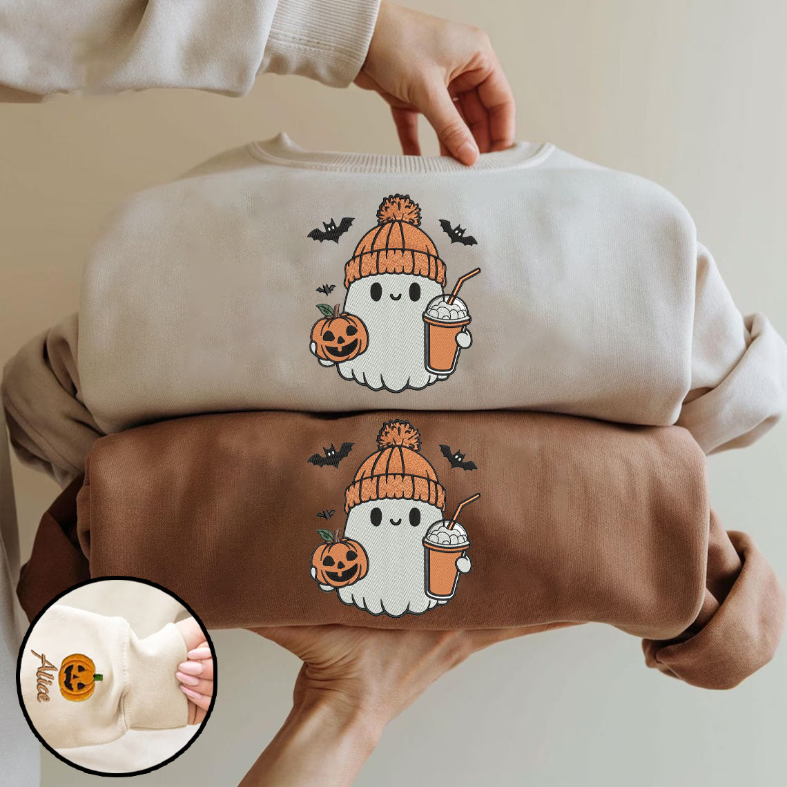 Halloween Personalized Embroidered Ghost Latte Hoodie Sweatshirt T-Shirt