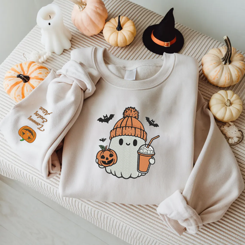 Halloween Personalized Embroidered Ghost Latte Hoodie Sweatshirt T-Shirt