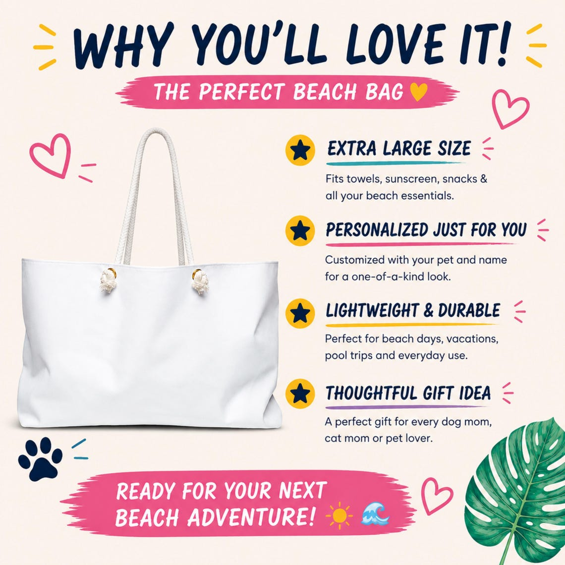 Personalized Cabana Stripe Beach Tote Bag, Custom Dog & Cat Photo Beach Bag with Name