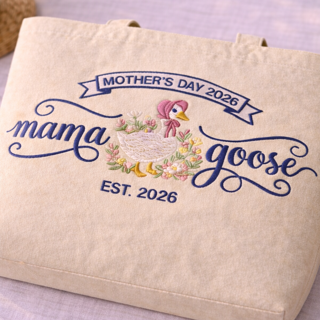 Personalized Mama Goose Mother's Day Embroidered Tote Bag - Vintage Striped Beach Tote