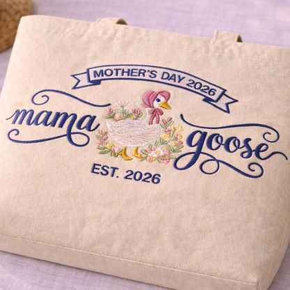 Personalized Mama Goose Mother's Day Embroidered Tote Bag - Vintage Striped Beach Tote