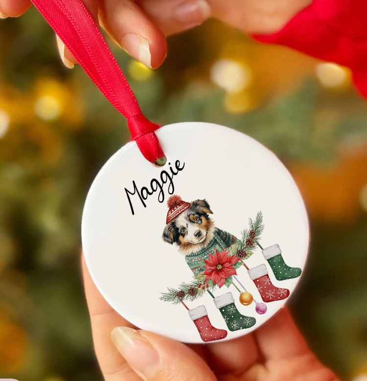 Personalized Pup In Ugly Sweater With Christmas Stockings Custom Ceramic Ornament