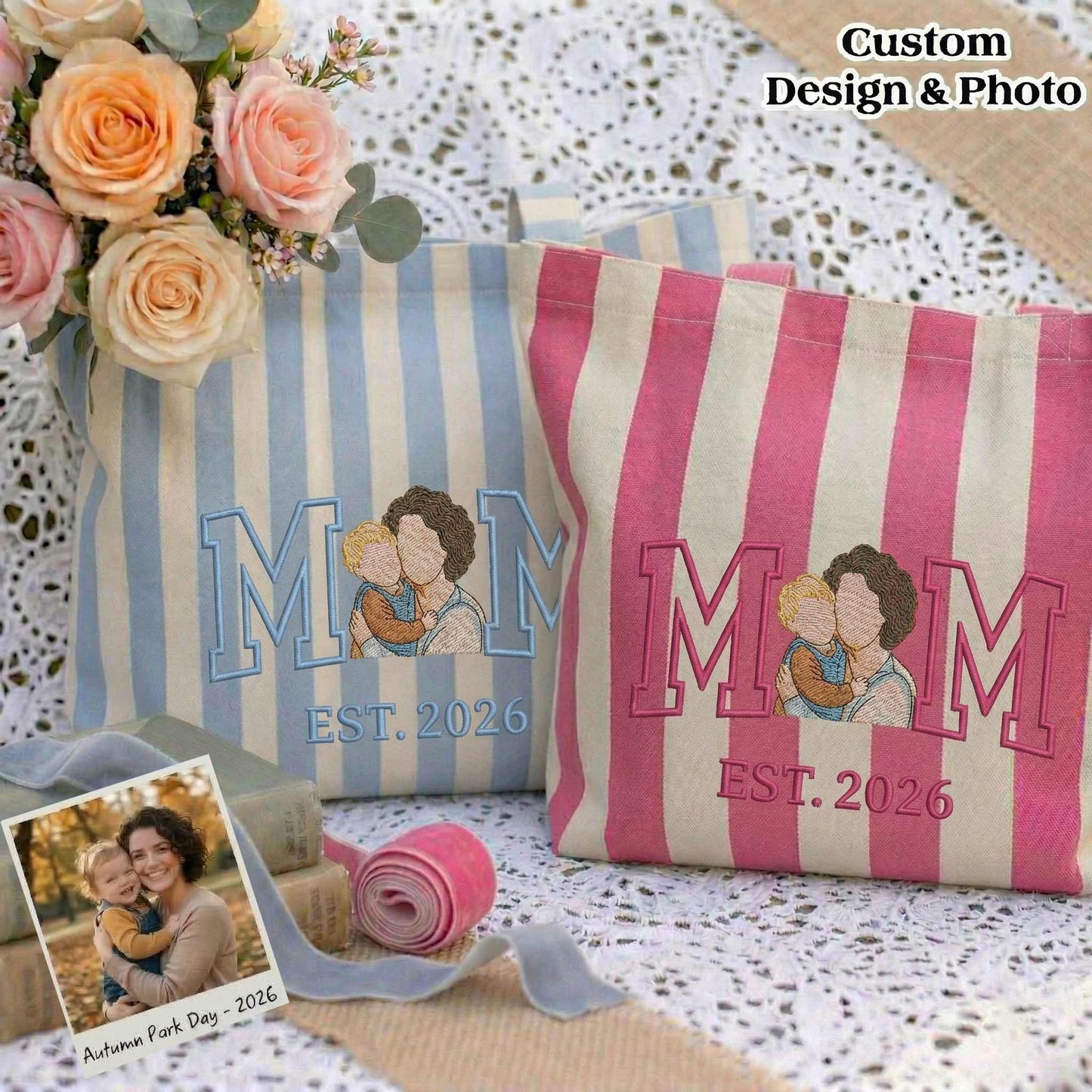 Personalized Mom & Kids Photo Mother's Day Embroidered Tote Bag - Vintage Striped Beach Tote