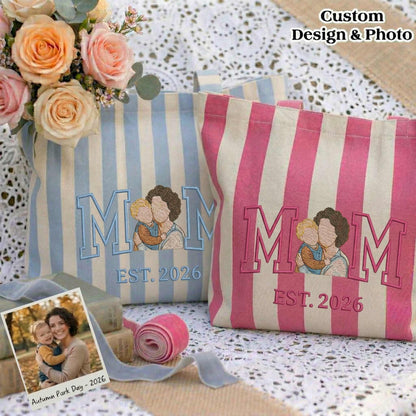 Personalized Mom & Kids Photo Mother's Day Embroidered Tote Bag - Vintage Striped Beach Tote