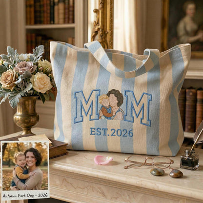 Personalized Mom & Kids Photo Mother's Day Embroidered Tote Bag - Vintage Striped Beach Tote