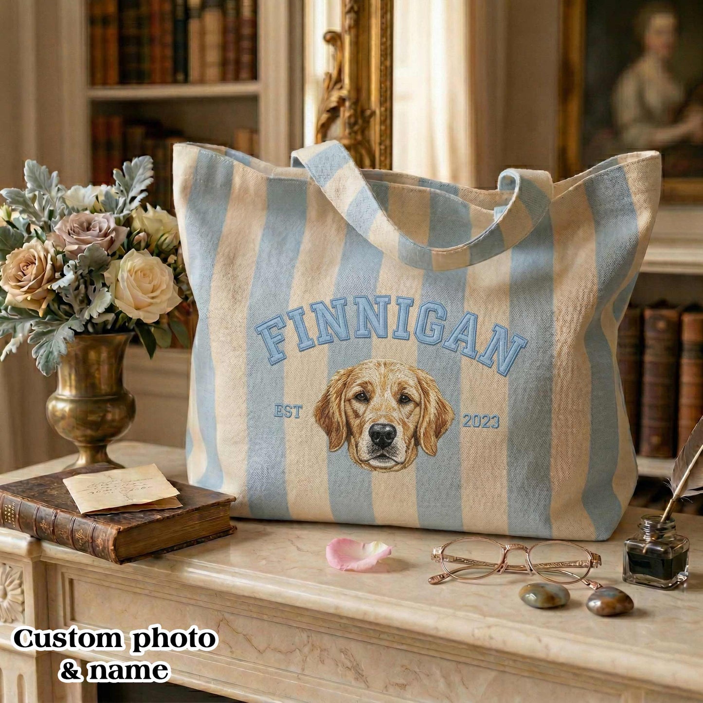 Personalized Pet Name & Photo Embroidered Tote Bag - Vintage Striped Beach Tote