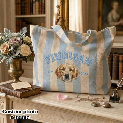 Personalized Pet Name & Photo Embroidered Tote Bag - Vintage Striped Beach Tote