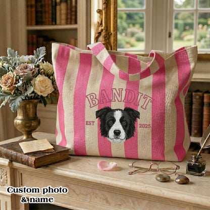 Personalized Pet Name & Photo Embroidered Tote Bag - Vintage Striped Beach Tote