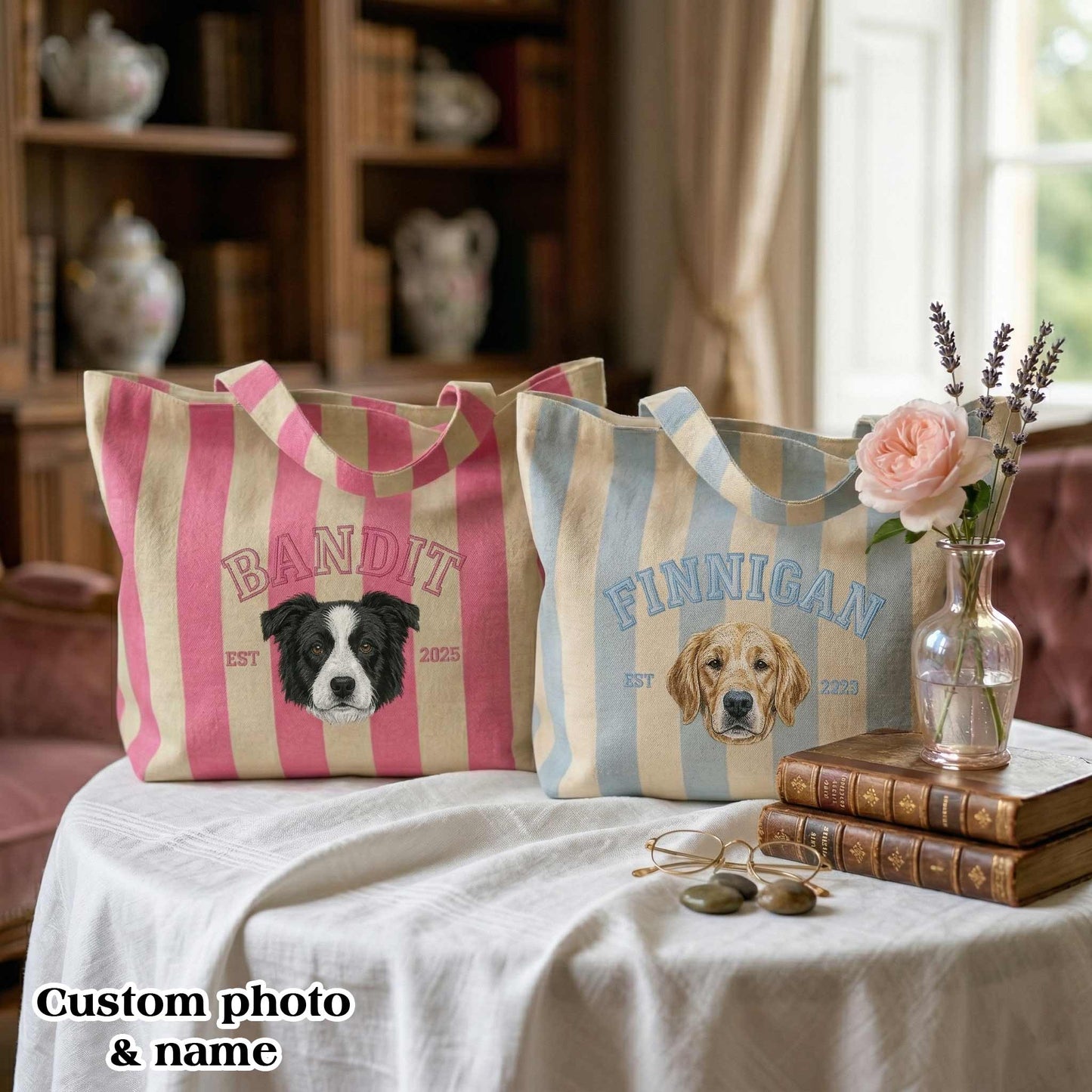 Personalized Pet Name & Photo Embroidered Tote Bag - Vintage Striped Beach Tote