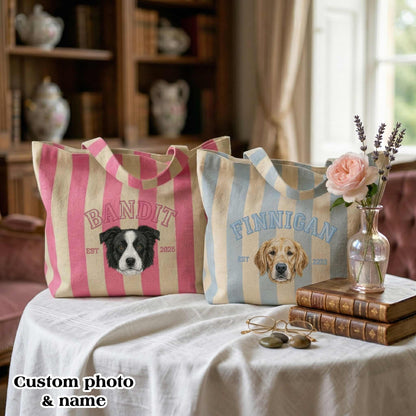Personalized Pet Name & Photo Embroidered Tote Bag - Vintage Striped Beach Tote
