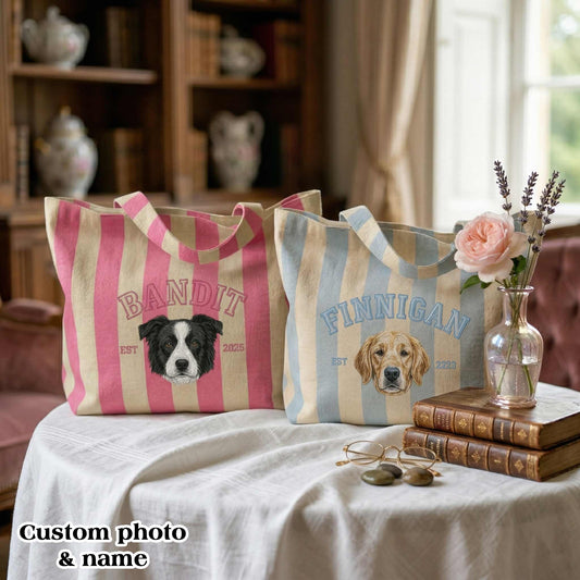 Personalized Pet Name & Photo Embroidered Tote Bag - Vintage Striped Beach Tote