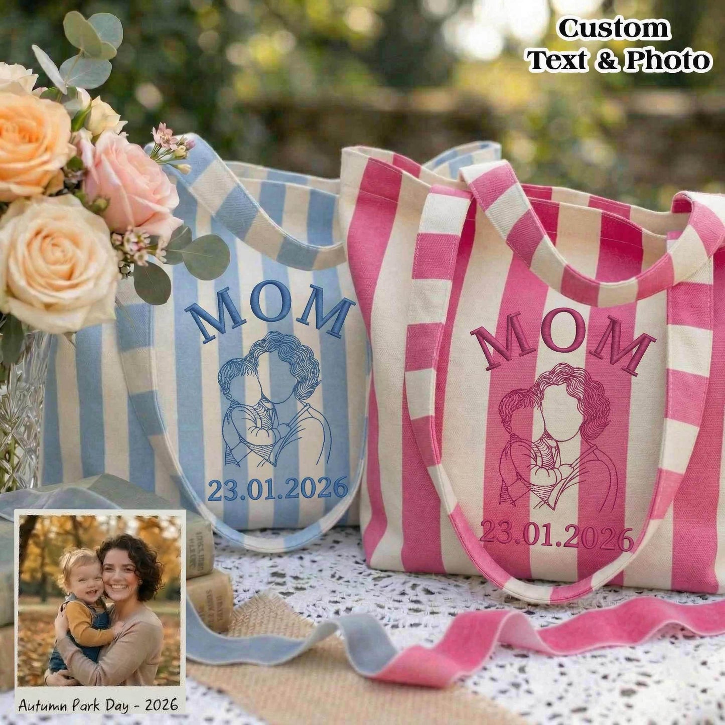 Personalized Mom & Kids Photo Mother's Day Embroidered Tote Bag - Vintage Striped Beach Tote