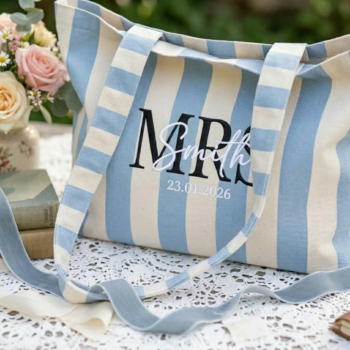 Personalized Mrs Embroidered Tote Bag - Vintage Striped Beach Tote