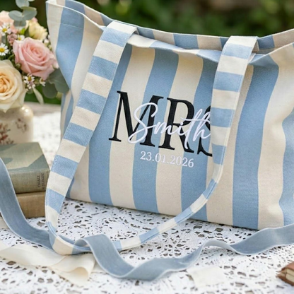 Personalized Mrs Embroidered Tote Bag - Vintage Striped Beach Tote