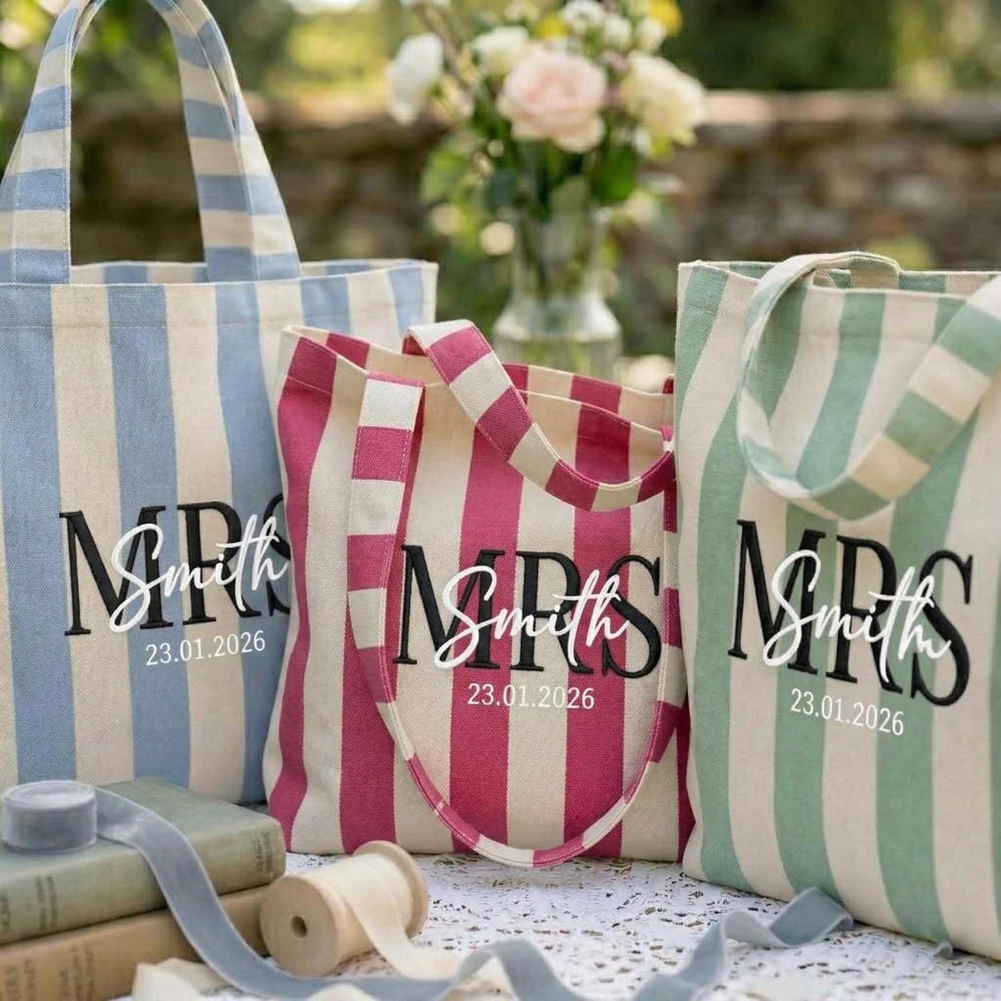 Personalized Mrs Embroidered Tote Bag - Vintage Striped Beach Tote
