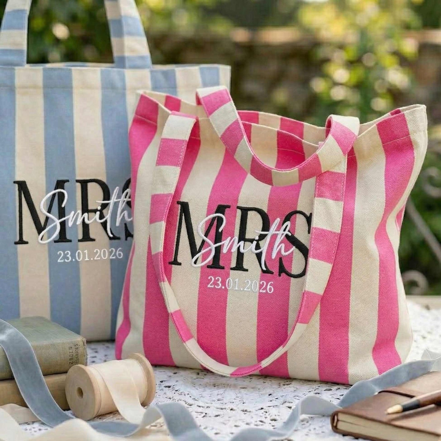 Personalized Mrs Embroidered Tote Bag - Vintage Striped Beach Tote