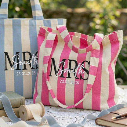 Personalized Mrs Embroidered Tote Bag - Vintage Striped Beach Tote