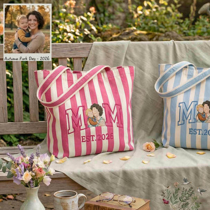 Personalized Mom & Kids Photo Mother's Day Embroidered Tote Bag - Vintage Striped Beach Tote
