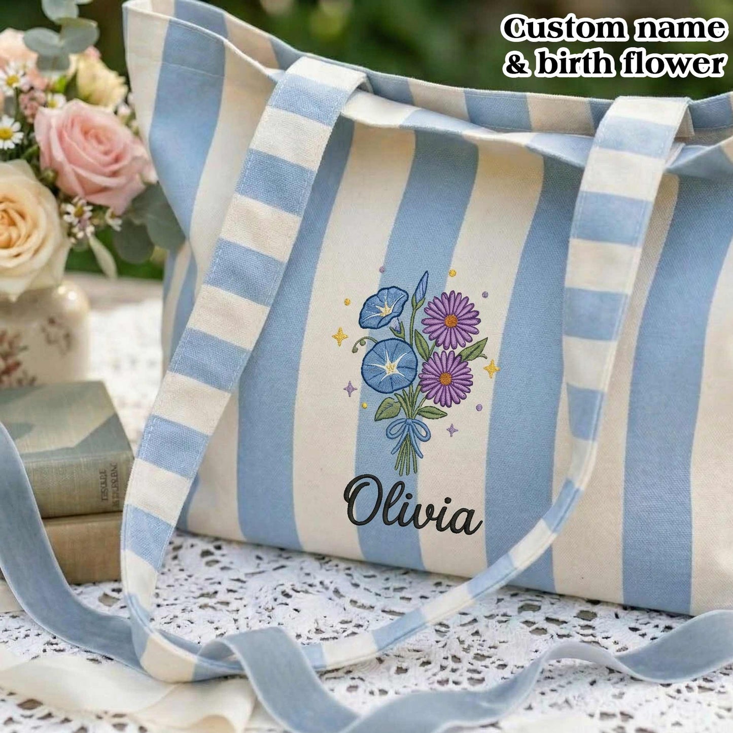 Embroidered Custom Birth Month Flower Tote Bag - Vintage Striped Beach Tote